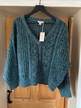 New SUNDANCE Marlyse Chunky Cable Knit Sweater, Wool Blend, Teal Bl/Turquoise LP